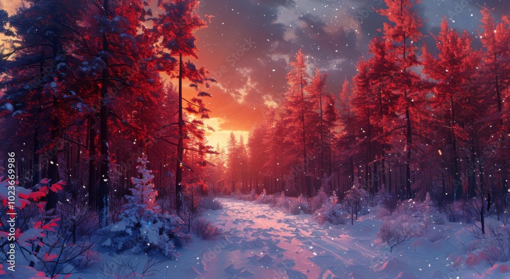 Naklejka premium Enchanting Winter Forest with Red Trees and Snowfall at Twilight - Magical Snowy Landscape with Vibrant Colors and Starry Sky for Fantasy, Nature, and Holiday-Themed Designs