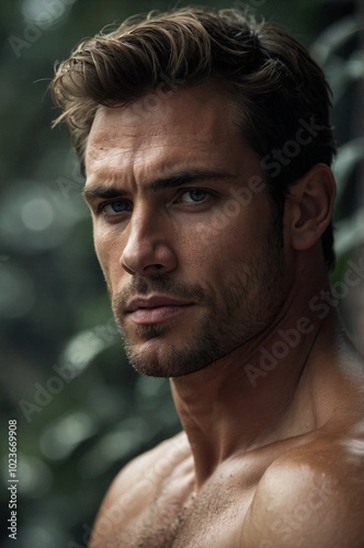 A tall muscular man exudes confidence with a powerful presence in a natural setting during the golden hour.