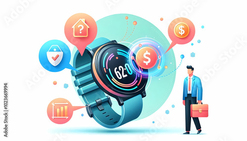 Flat Smartwatch with Holographic Spending & Savings Icons - Minimalist Tech Illustration for Finance Themes on White Background