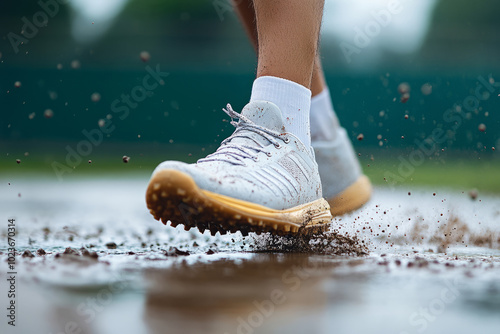 Muddy sneakers after outdoor run on wet road photo