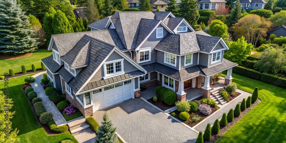 Bird's eye view of a modern, luxurious, single-family residence with grey shingles and white trim, surrounded by lush greenery and a private driveway. Bird's eye view of a modern, luxurious, single-family residence with grey shingles and white trim, surrounded by lush greenery and a private driveway.