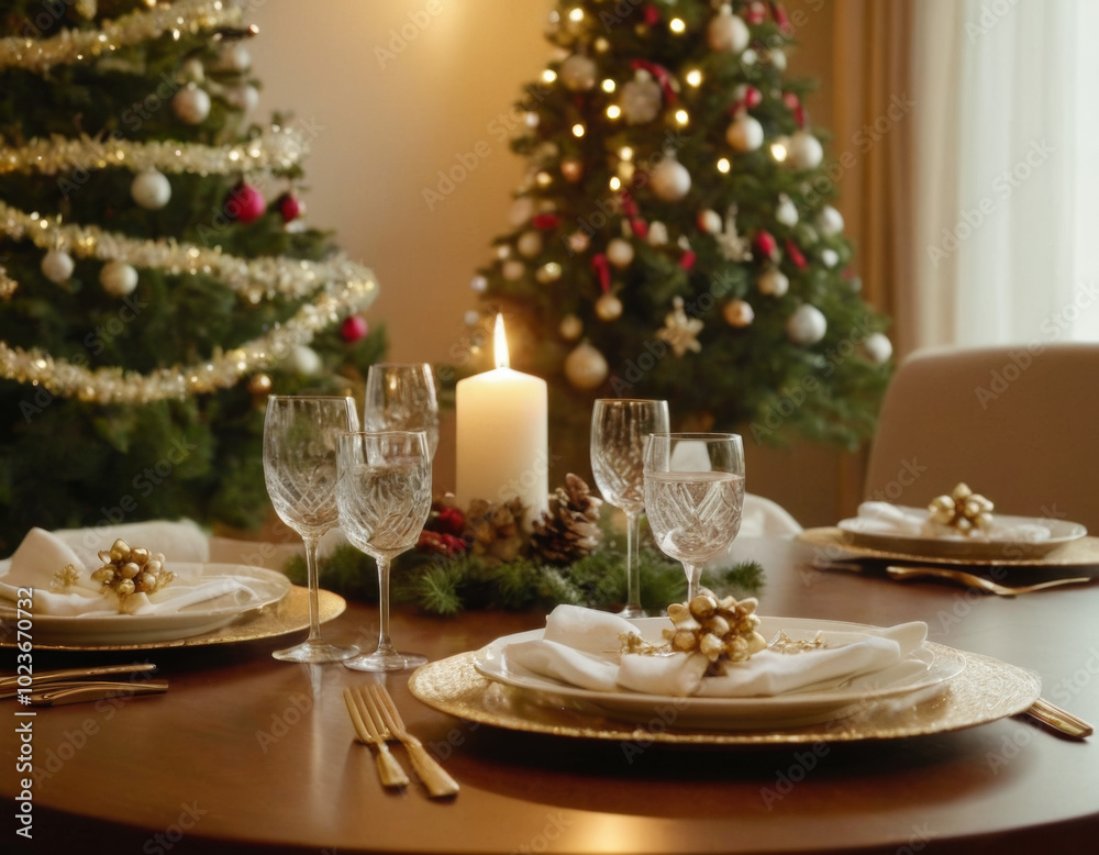 Elegant beautiful table setting to Christmas eve, New year celebrations against decorated Christmas tree in living room Elegant beautiful table setting to Christmas eve, New year celebrations against decorated Christmas tree in living room
