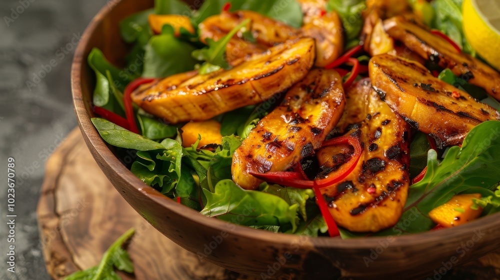 Fresh and Vibrant Grilled Plantain Salad with Citrus Dressing in Wooden Bowl