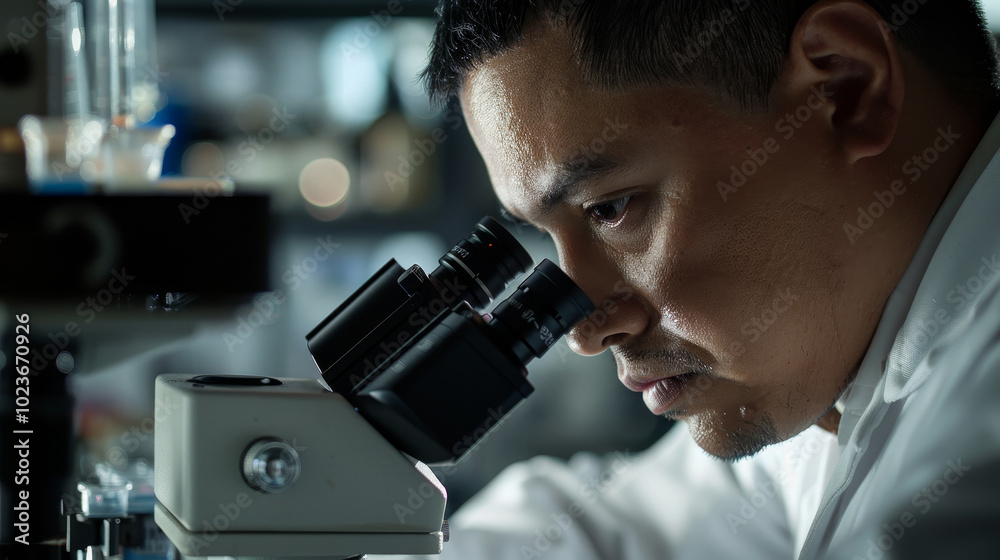 A man is looking through a microscope A man is looking through a microscope