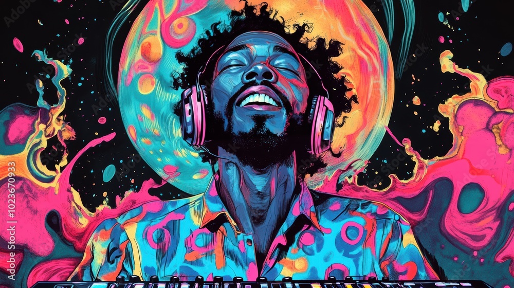 Black man playing synthesizer with headphones on. This man is singing with a smile. This man is looking straight ahead in the middle of the image. wearing a colorful pattern suit. blue and pink. Black man playing synthesizer with headphones on. This man is singing with a smile. This man is looking straight ahead in the middle of the image. wearing a colorful pattern suit. blue and pink.