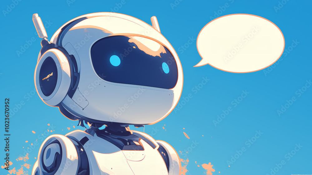 Naklejka premium A delightful small robot with a blank speech bubble stands under a clear, vibrant blue sky, emphasizing communication and modern design elements.