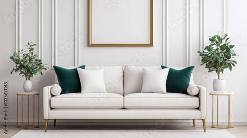 A modern living room with a white couch, green cushions, and decorative plants, featuring a blank wall frame ready for artwork. Blank photo frame