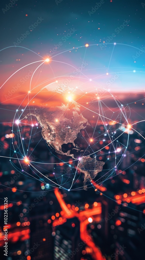 A digital representation of global network connectivity with North America highlighted, set against a vibrant cityscape at dusk. A digital representation of global network connectivity with North America highlighted, set against a vibrant cityscape at dusk.