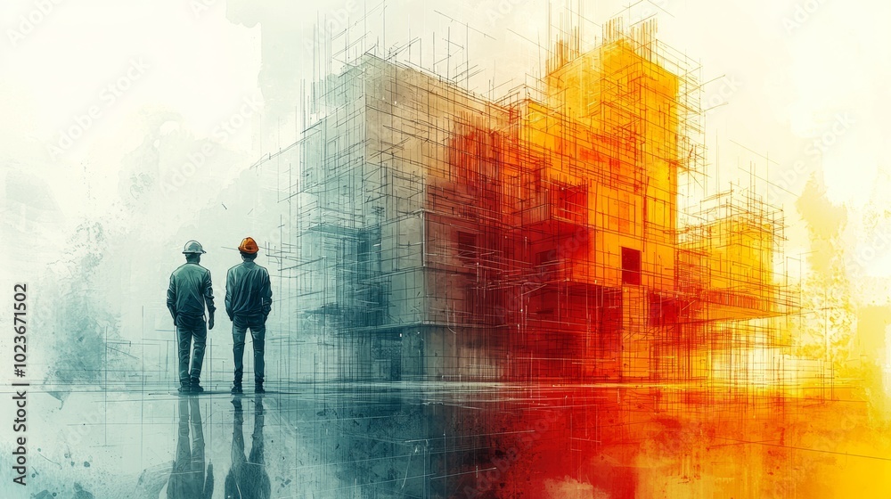 Two engineers survey an abstract building in construction, symbolizing the collaboration and innovation required in modern architecture and infrastructural development projects. Two engineers survey an abstract building in construction, symbolizing the collaboration and innovation required in modern architecture and infrastructural development projects.