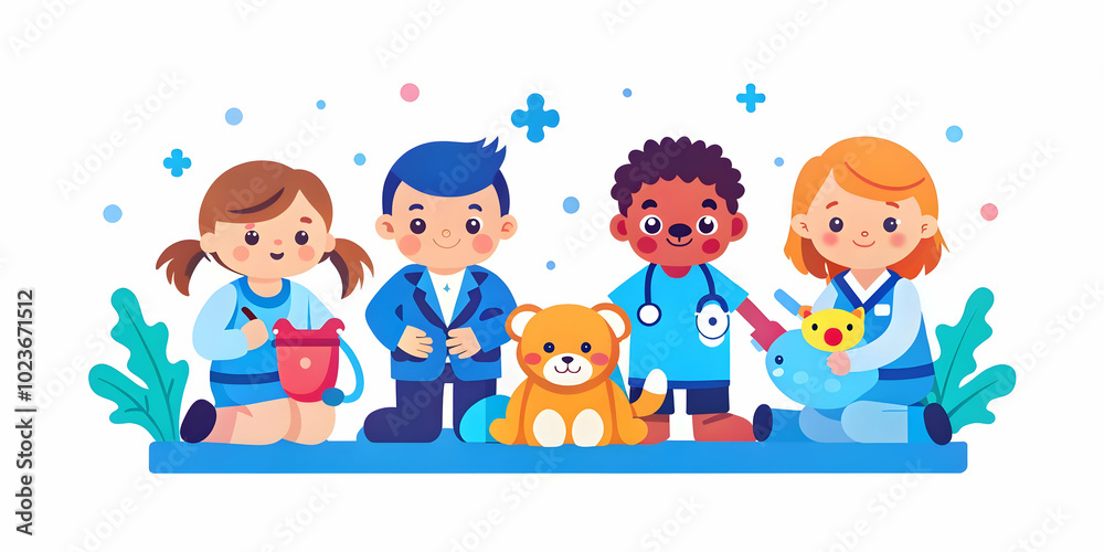 Kids Role Playing as Veterinarians in a Garden: Macro Close-Up of Children Caring for Stuffed Animals with Toy Medical Tools and Copy Space for Photo Stock Concept Kids Role Playing as Veterinarians in a Garden: Macro Close-Up of Children Caring for Stuffed Animals with Toy Medical Tools and Copy Space for Photo Stock Concept
