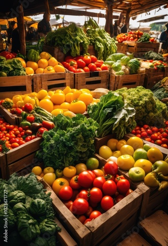 vibrant display fresh organic produce showcasing colorful fruits vegetables lush arrangements earthy tones bright highlights, farm, harvest, healthy