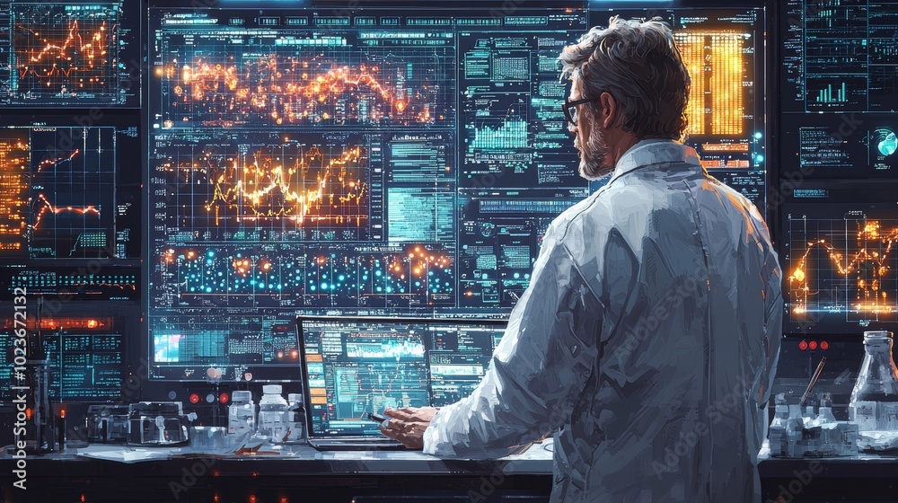 A scientist stands before glowing monitors, analyzing complex data streams and graphs in a futuristic lab. Innovation, technology, and analysis converge here. A scientist stands before glowing monitors, analyzing complex data streams and graphs in a futuristic lab. Innovation, technology, and analysis converge here.