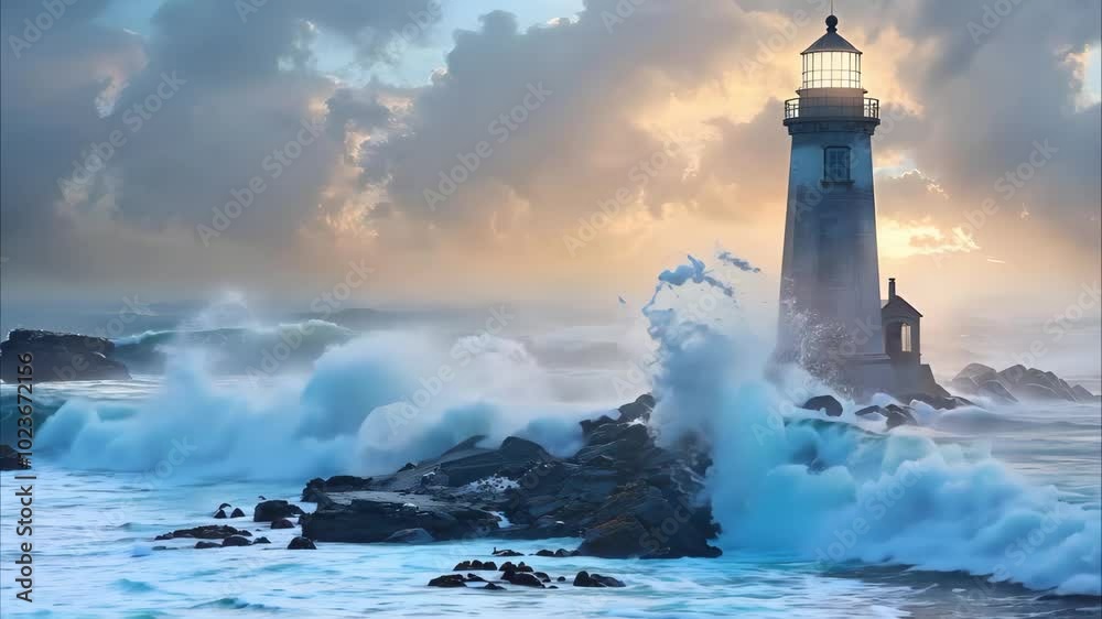 A lighthouse stands on rocky shorelines, surrounded by turbulent waves and a dramatic sky at dawn or dusk. A lighthouse stands on rocky shorelines, surrounded by turbulent waves and a dramatic sky at dawn or dusk.