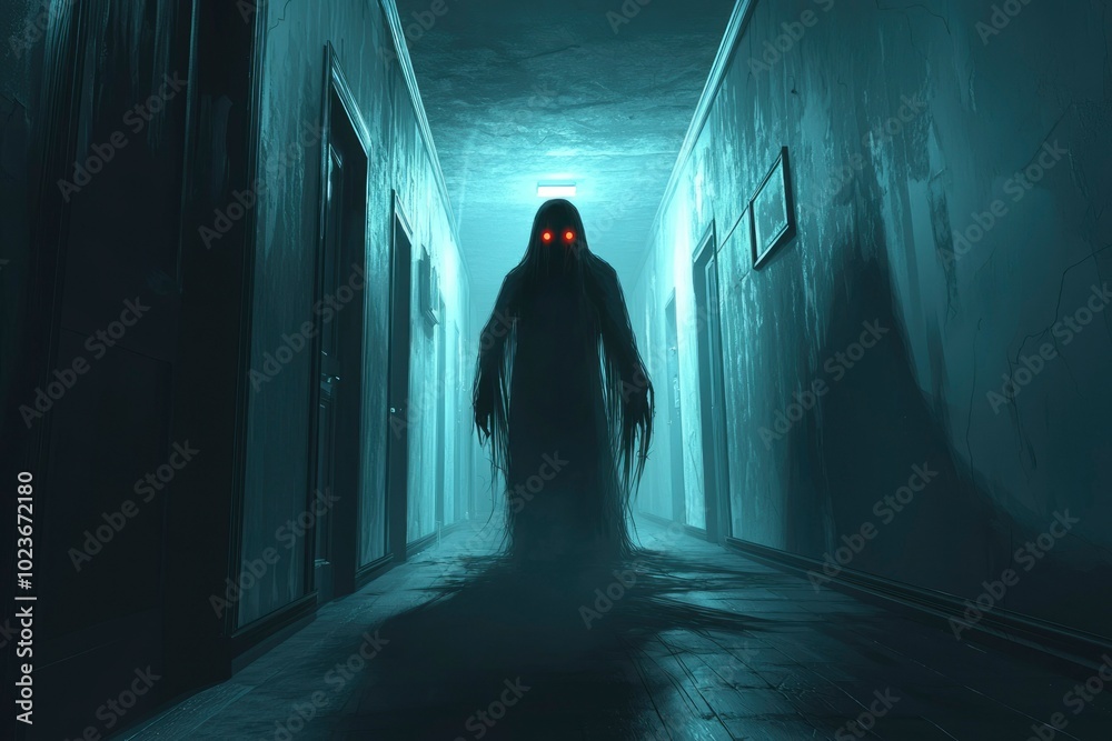 A Silhouetted Figure with Glowing Red Eyes Stands in a Creepy Hallway A Silhouetted Figure with Glowing Red Eyes Stands in a Creepy Hallway