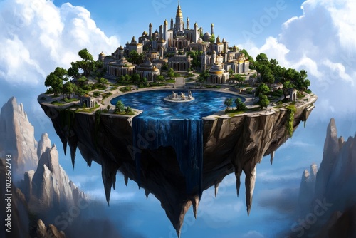 A floating city filled with people flourishing in creativity and wisdom, capturing the mystical and utopian essence of eudaimonia in a fantasy realm