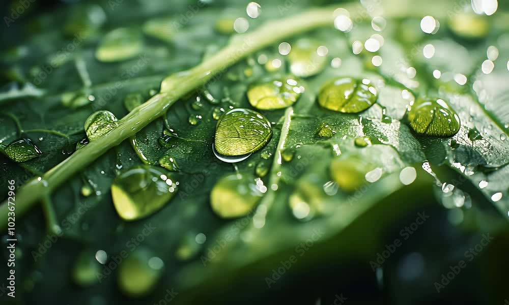 Close-up of a green leaf covered in water droplets, showcasing nature's beauty and detail. Close-up of a green leaf covered in water droplets, showcasing nature's beauty and detail.
