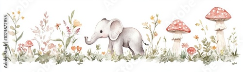 Illustration in watercolor of woodland baby animals in pastel colors