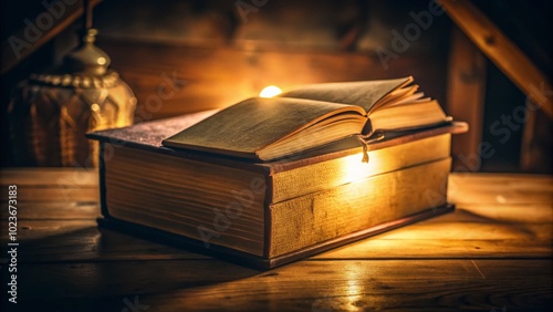 BookOnBoxNightPhotography: Book resting on box, captured in low-light ambiance