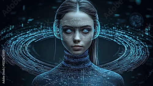 Glimpse of Tomorrow: A female humanoid with blue eyes and an intricat neural network extending beyond head neck and shoulders on a black background symbolizing advanced artificial intelligence