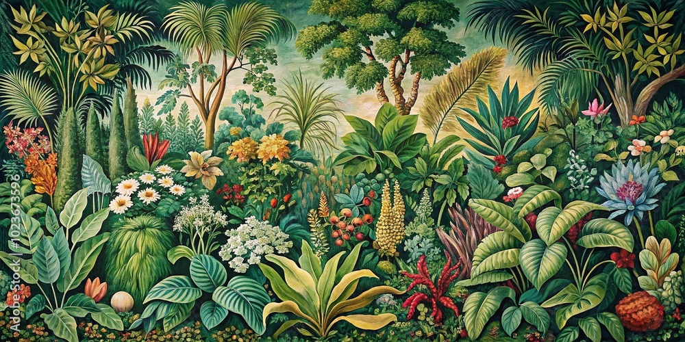 Obraz premium Botanical Tapestry: Floral, Lush Greenery, Vibrant Colors, Organic Forms, Nature