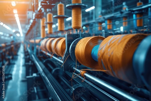 Spinning machine in textile factory with yarn spools.