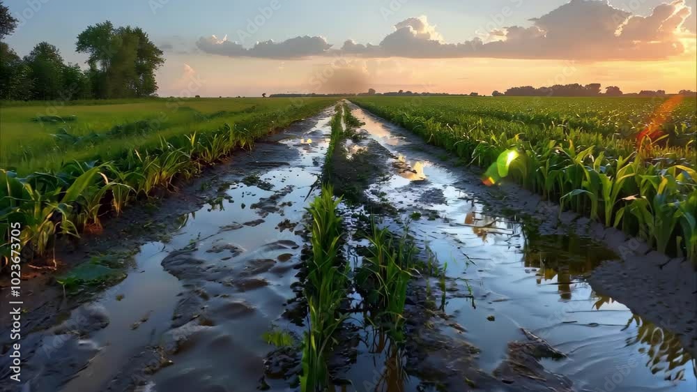 A landscape featuring lush green fields with rows of crops, reflecting puddles after rain, and a scenic sunset sky.