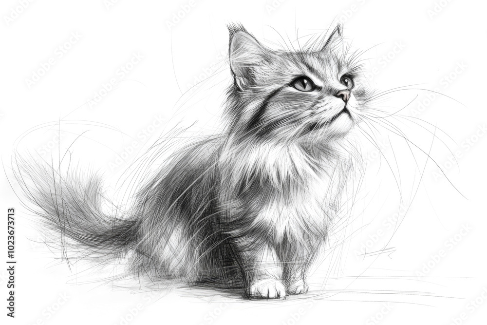 Fluffy kitten posing and looking up in sketch style Fluffy kitten posing and looking up in sketch style