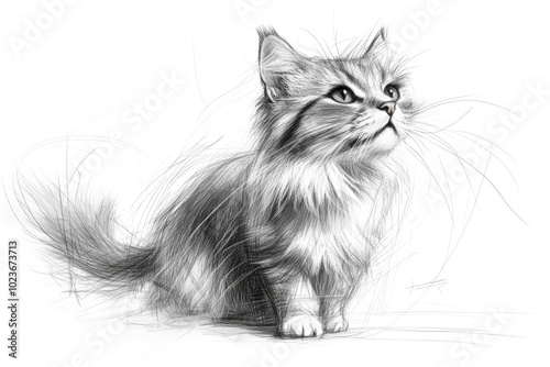 Fluffy kitten posing and looking up in sketch style