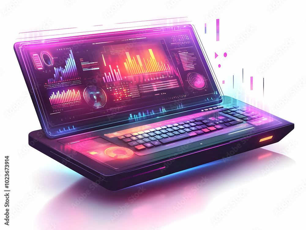 Flat Holographic Desktop with Floating Data Visualizations and Glossy Keyboard | Minimalist Modern Office Setup for Smart Business Concepts | Simple Vector Illustration Flat Holographic Desktop with Floating Data Visualizations and Glossy Keyboard | Minimalist Modern Office Setup for Smart Business Concepts | Simple Vector Illustration