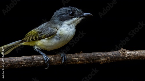 Green-backed Becard Bird Perched on a Branch on a Black Background, Photo Realistic, Standard Background, Wallpaper, Cover and Screen for Smartphone, PC, Laptop, 9:16 and 16:9 Format photo
