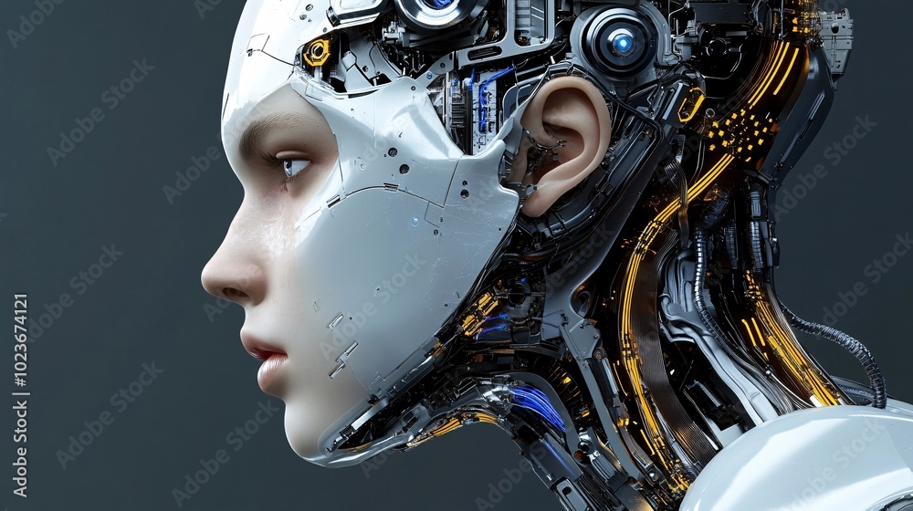 Futuristic Vision: A womans head is made of metal and wires with a robotic ear and a glowing face the image conveys a futuristic and technological atmosphere with a sense of wonder Futuristic Vision: A womans head is made of metal and wires with a robotic ear and a glowing face the image conveys a futuristic and technological atmosphere with a sense of wonder
