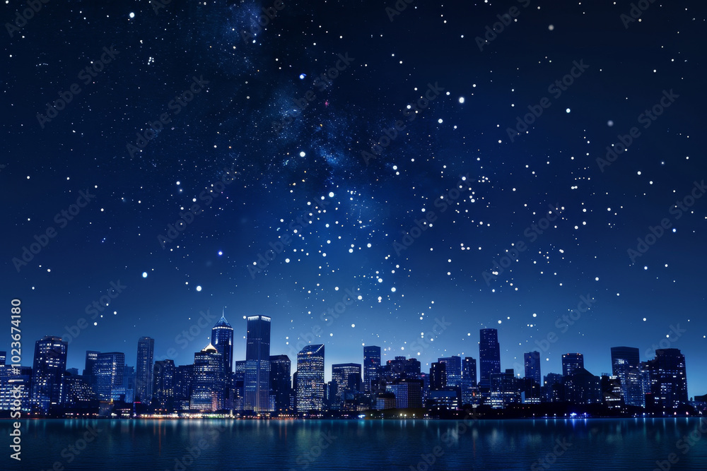 A city skyline is lit up at night with a beautiful blue sky A city skyline is lit up at night with a beautiful blue sky