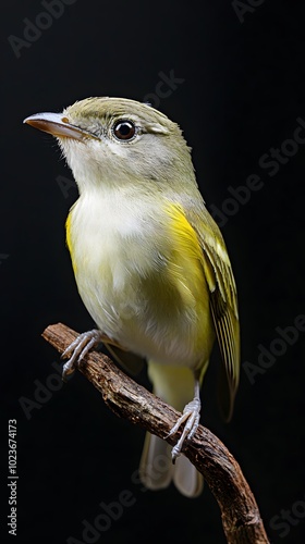 Green-backed Becard Bird Perched on a Branch on a Black Background, Photo Realistic, Standard Background, Wallpaper, Cover and Screen for Smartphone, PC, Laptop, 9:16 and 16:9 Format photo