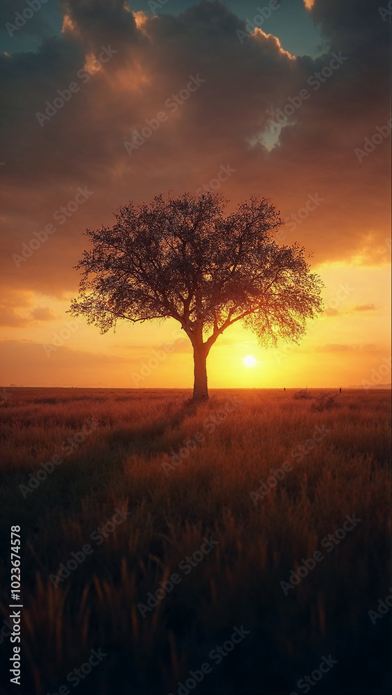 Naklejka premium Lone Tree at Sunset: Serene Landscape Wallpaper
