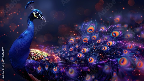 Vibrant blue peacock with abstract patterns. AI generated