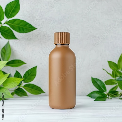 Close-up of eco-friendly bottle made of plant-based materials, surrounded by recycled packaging, green lifestyle