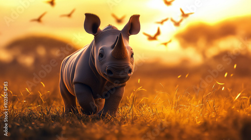 illustration of a cute baby rhino in a bright savannah with golden hour lighting