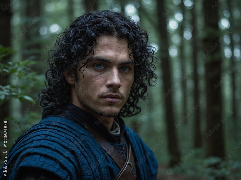 A young man with curly black hair and blue eyes in a black medieval tunic stands in a forest during dusk. A young man with curly black hair and blue eyes in a black medieval tunic stands in a forest during dusk.