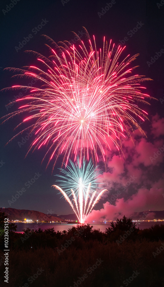 Spectacular fireworks display over landscape at night, vibrant colors and patterns, festive celebration Spectacular fireworks display over landscape at night, vibrant colors and patterns, festive celebration