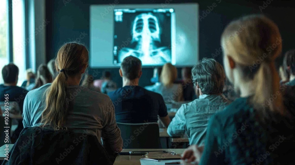 People attending a medical seminar, with X-ray images projected on the screen, focused on learning and healthcare People attending a medical seminar, with X-ray images projected on the screen, focused on learning and healthcare
