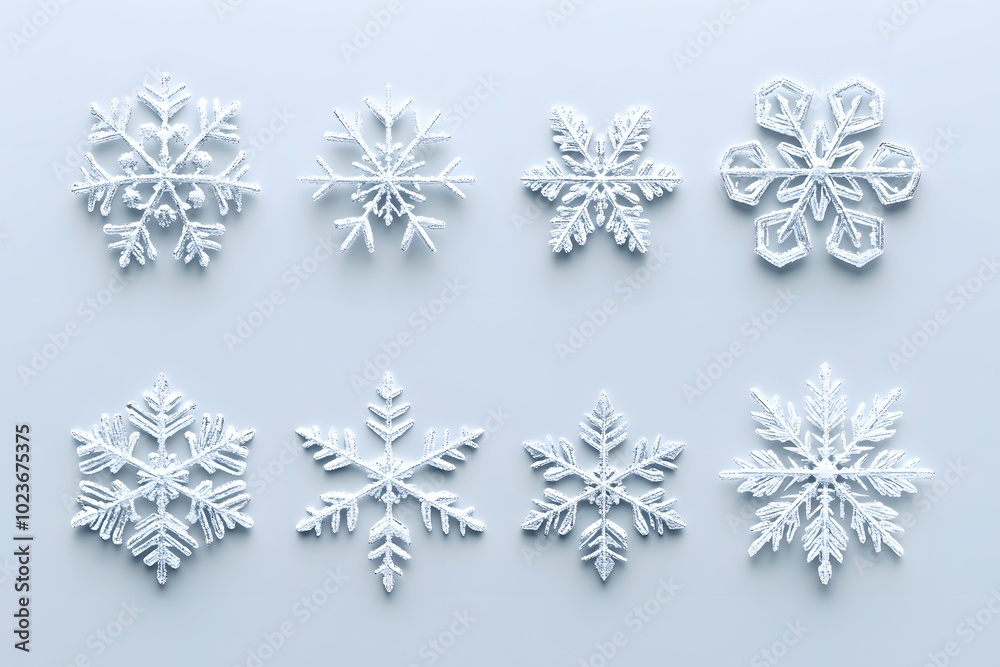 Eight White Glitter Snowflakes on Light Blue Background Eight White Glitter Snowflakes on Light Blue Background