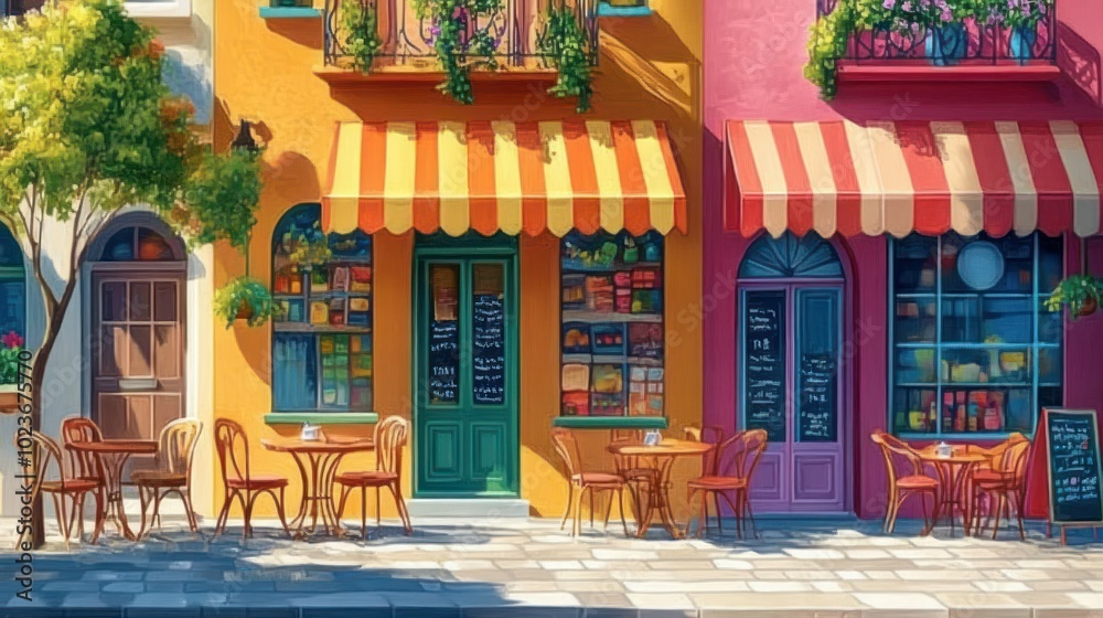 A charming cafe with striped awnings, colorful buildings, and inviting tables and chairs on a sunny day. A charming cafe with striped awnings, colorful buildings, and inviting tables and chairs on a sunny day.