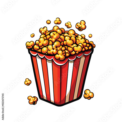 Cartoon illustration of a box of popcorn overflowing with popcorn.