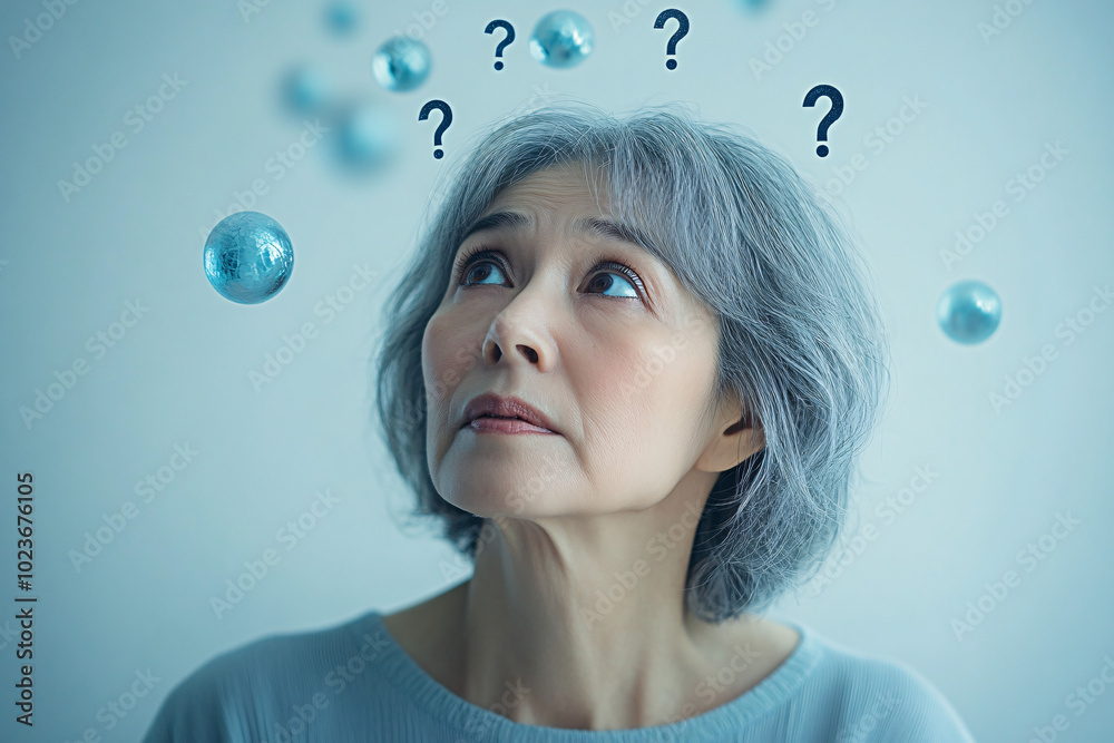 A contemplative senior woman with short gray hair surrounded by floating question marks, conveying a sense of curiosity and introspection. The setting is a minimalist,... A contemplative senior woman with short gray hair surrounded by floating question marks, conveying a sense of curiosity and introspection. The setting is a minimalist,...