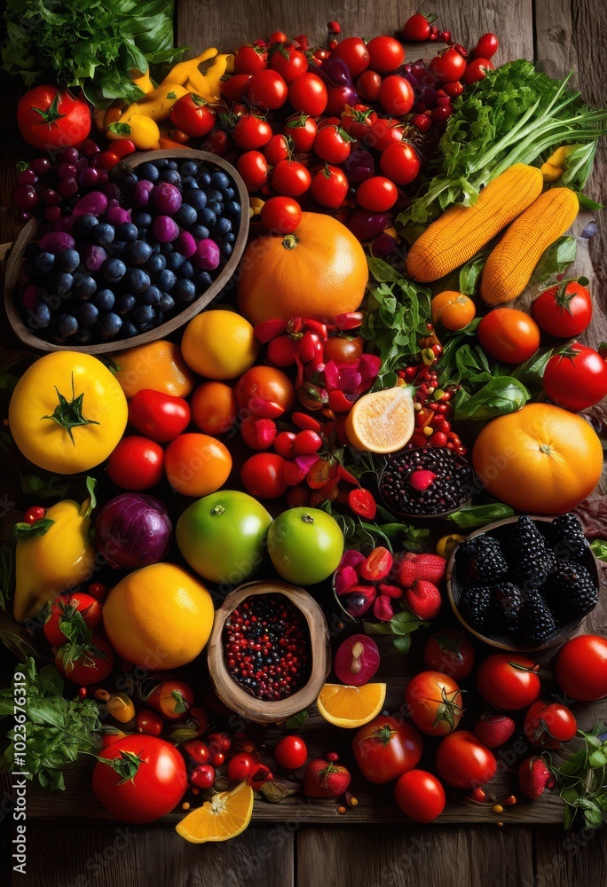 colorful array fresh healthy fruits vegetables spices grains showcasing nutritional bounty appetizing presentation, apples, berries, baskets, cooking colorful array fresh healthy fruits vegetables spices grains showcasing nutritional bounty appetizing presentation, apples, berries, baskets, cooking