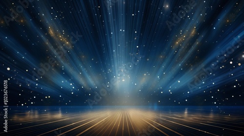 A luxurious award ceremony podium on a gold and blue background, adorned with glittering light effects and decorative accents, creates an elegant atmosphere for a prestigious event.