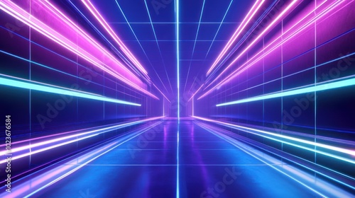 Neon Lights Corridor: A Futuristic and Vibrant 3D Rendered Perspective.