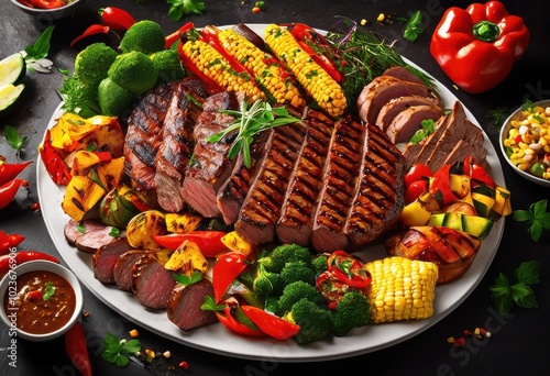 delectable assortment juicy grilled meat platter garnished fresh ingredients displaying lush vegetables vibrant colors, artful, allure, appetizer, aroma photo