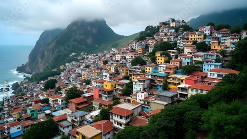 Colorful Houses on a Hillside Overlooking the Ocean.