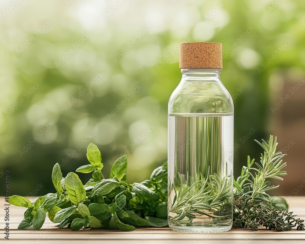 Glass water bottle with a cork grip, surrounded by fresh herbs and sunlight in an outdoor setting Glass water bottle with a cork grip, surrounded by fresh herbs and sunlight in an outdoor setting